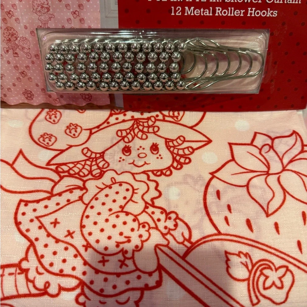 Strawberry Shortcake Pink Shower Curtain Set with Metal Roller Hooks